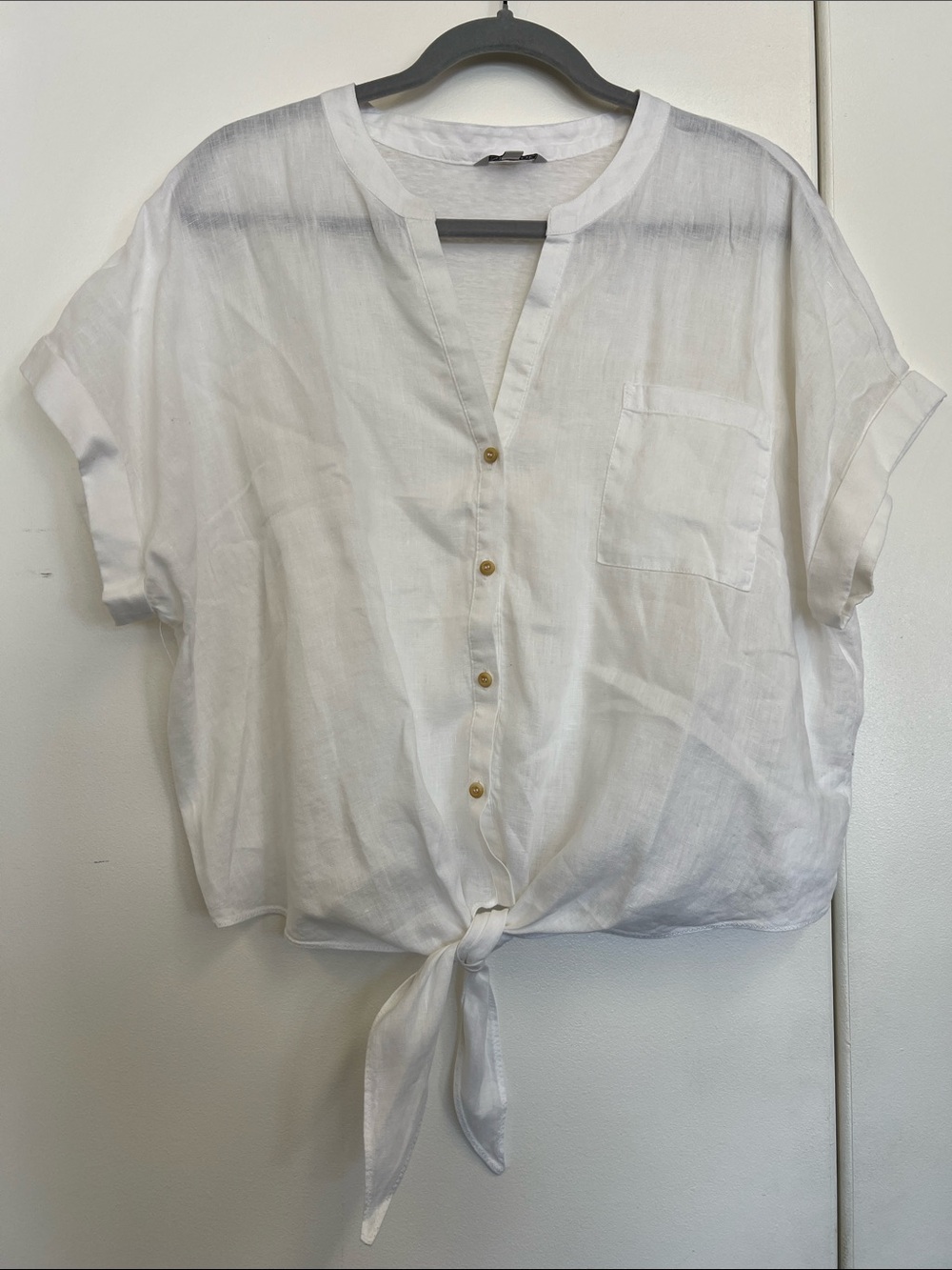 Nic + Zoe Women’s White Tie-Front Button Down Blouse Pocket Tee Shirt Linen